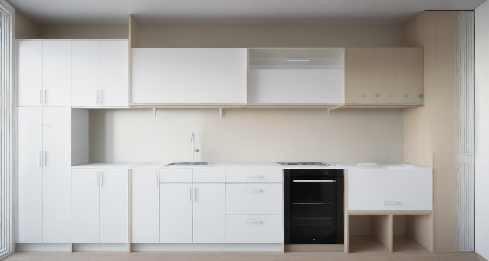 interior shot kitchenette white cabinets sunlight from left side ...