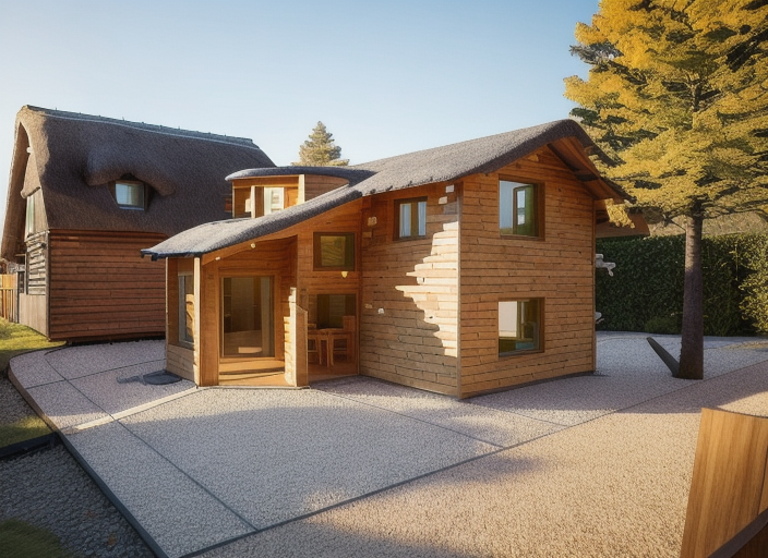 small cottage made of wood cladding with thatch roof architecture