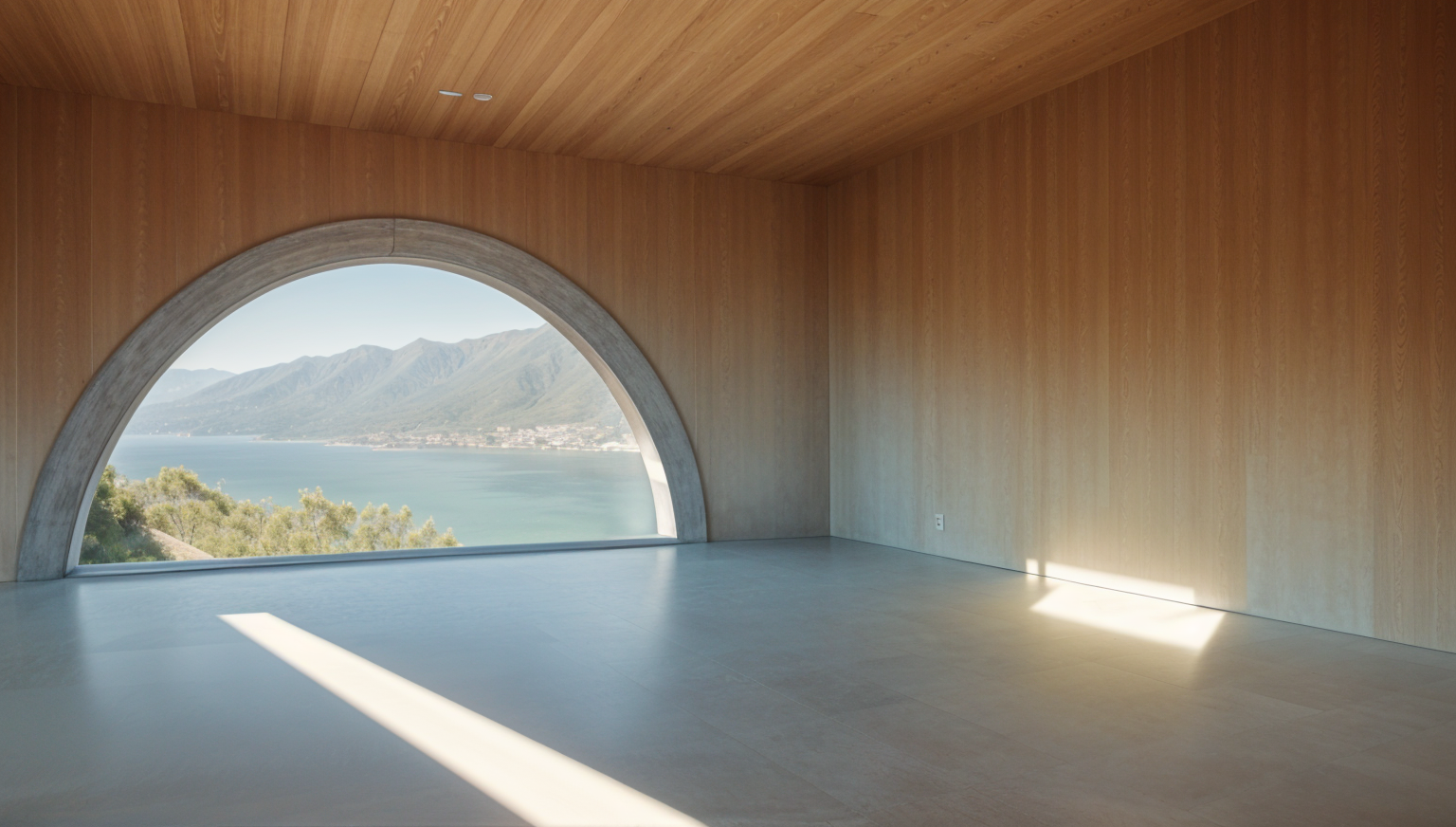 Image showcasing modernist interior shot curved window sunshine concrete floor concrete ...